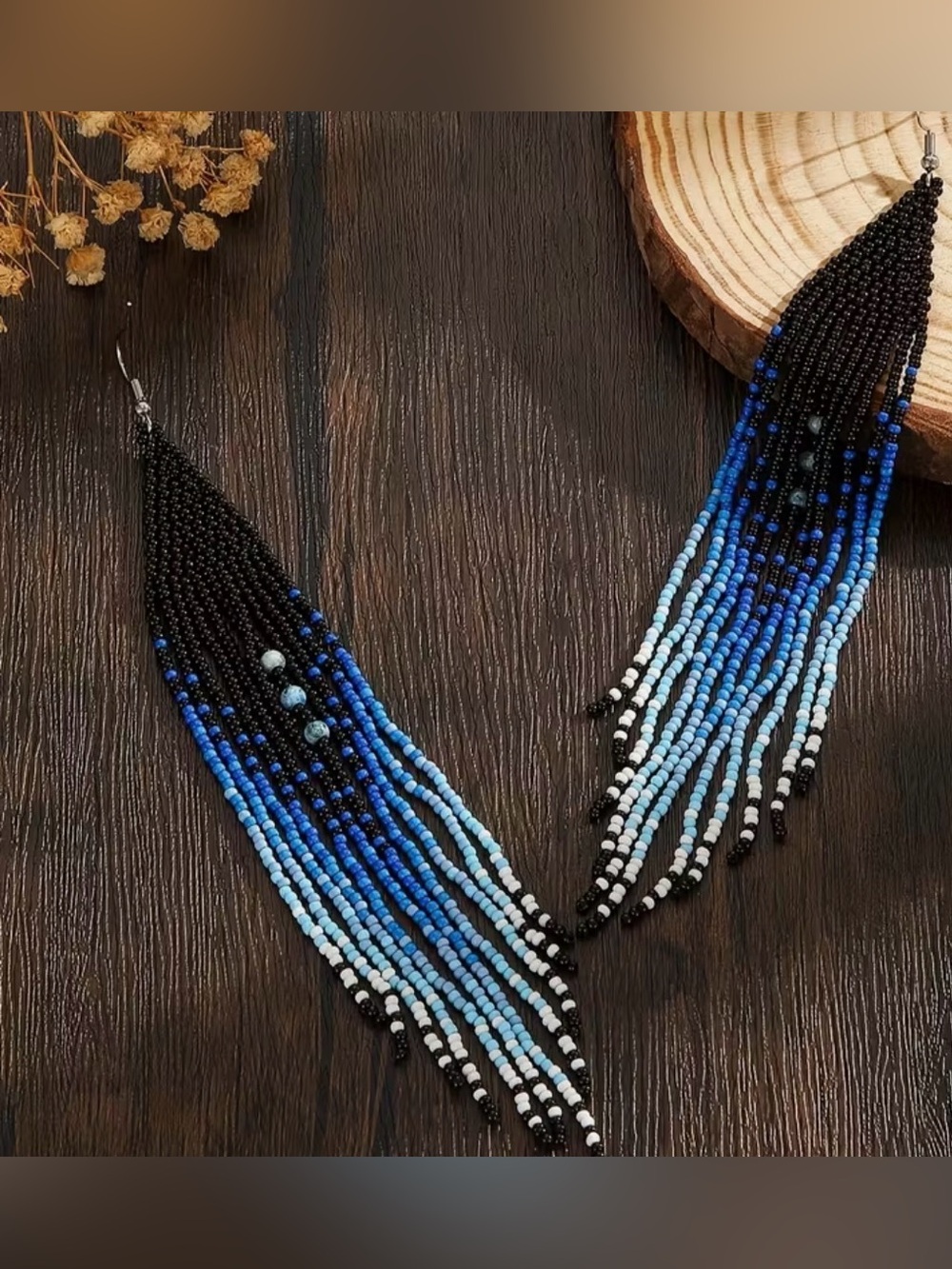 Bohemian Beaded Fringe Drop Earrings - Black & Blue Ombre